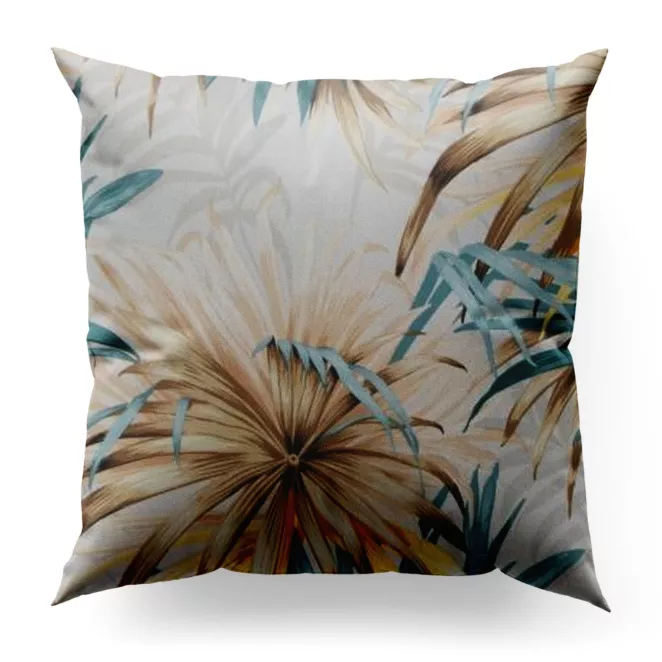 Poszewka szyta beżowo niebieska z miękkiej tkaniny typu blackout drukowanej w egzotyczne liście