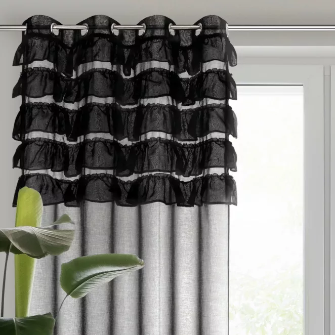 Firana czarna z etaminy zdobiona w górnej części falbanami 140x250 cm przelotka AURA