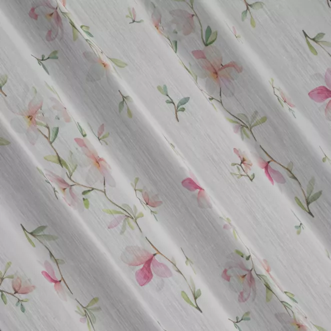 L124/1 Firana szyta na taśmie 5 cm biało jasnopomarańczowa z miękkiej tkaniny batystowej z nadrukiem w magnolie