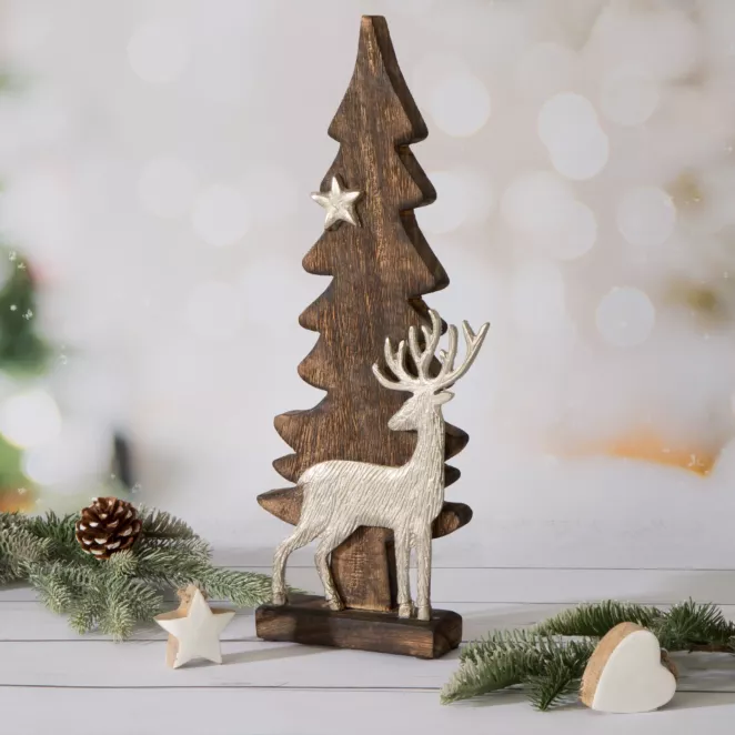 Figurka świąteczna drewniana choinka  z srebrnym jelonkiem