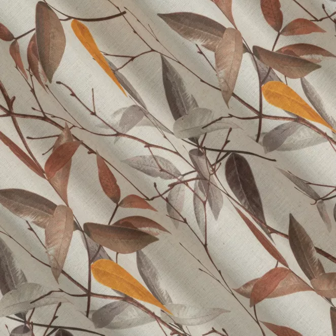 L153/5 Zasłona szyta na taśmie 5 cm brązowo kremowa z tkaniny o naturalnym splocie z dodatkiem lnu, zdobionej nadrukiem w kształcie liści