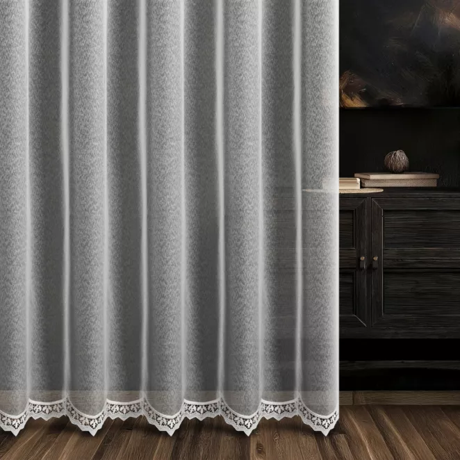 Firana szyta na taśmie 5 cm biała z markizety zdobionej jednym pasem aplikacji z geometrycznym wzorem