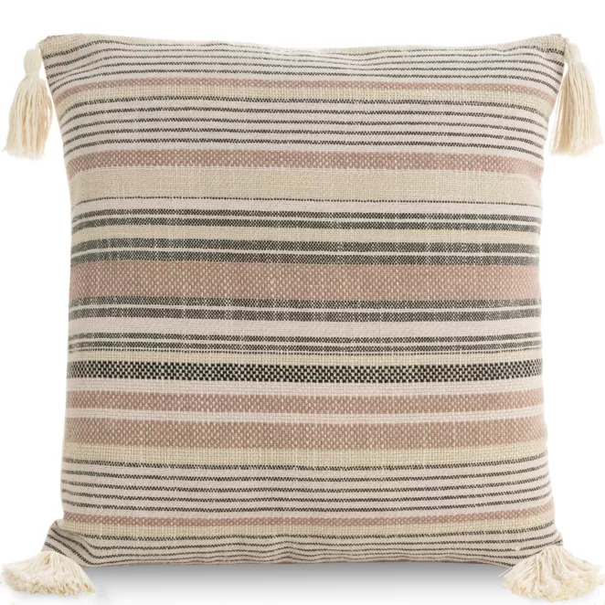 Poszewka na poduszkę 45x45 cm bawełniana, pudrowo stalowa w paski zdobiona na rogach chwostami BOHO