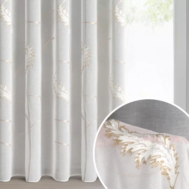 Firana kremowa z matowej etaminy zdobiona haftem z dodatkiem złotej nici  140x270 cm taśma  - AURELIA