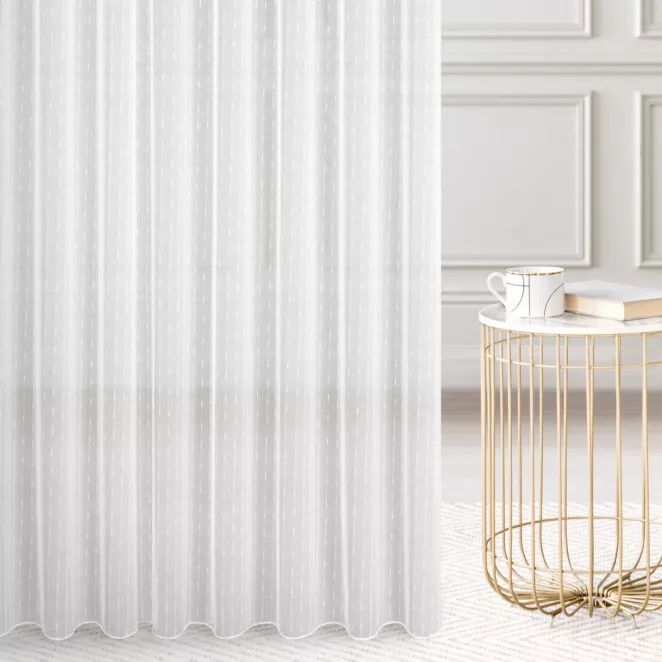 Firana szyta na taśmie 5 cm biała z matowej tkaniny z efektem pionowych prążków, wykończona obciążnikiem