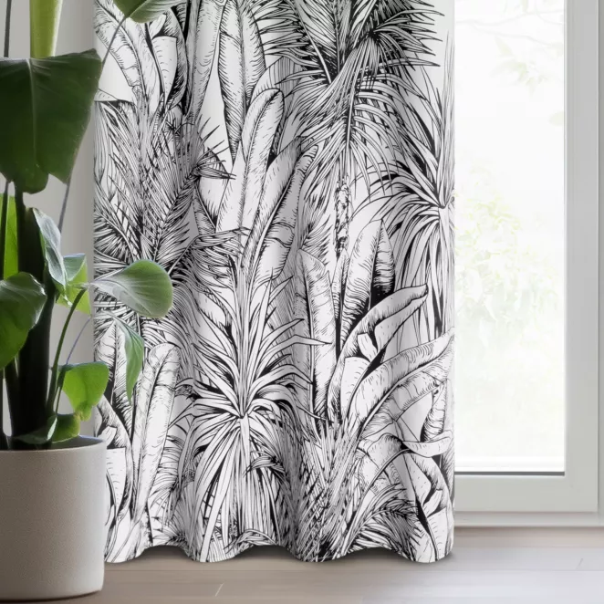 Zasłona biało, czarna z nadrukiem botanicznym, zaciemniająca 140x250 cm przelotka - NERINA