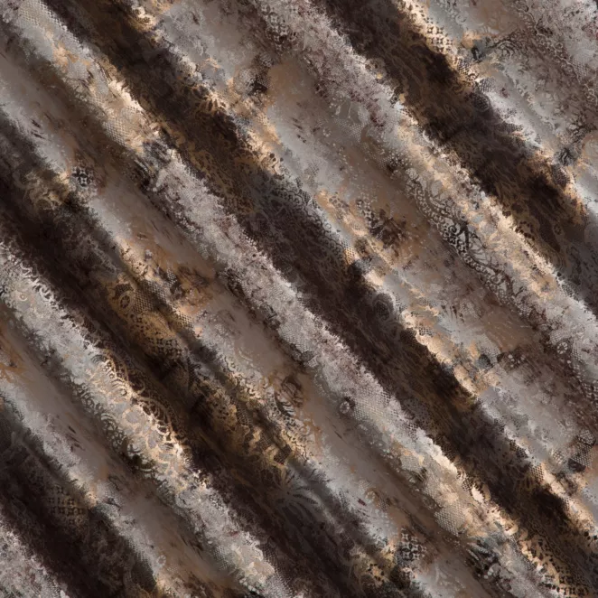 E128/4 Zasłona szyta na taśmie 5 cm popielato złota z miękkiej, welwetowej tkaniny z nieregularnym wzorem i błyszczącym nadrukiem Italissima Eva Minge