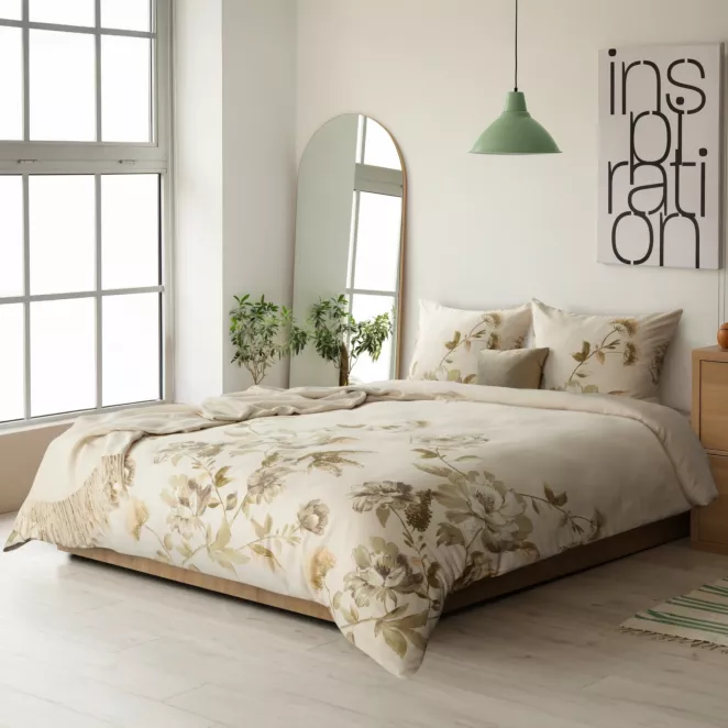 Pościel 220x200 cm bawełniana kolor beżowy, oliwkowy z wzorem kwiatowym SPRING 38