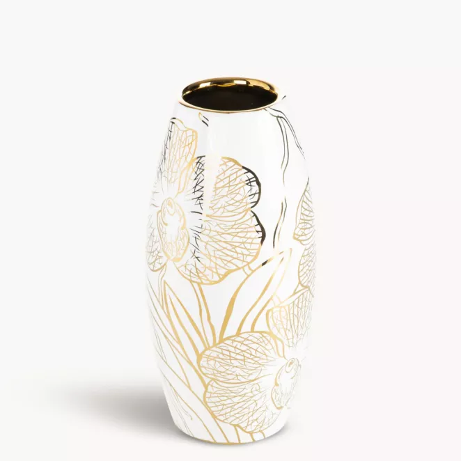 Wazon dekoracyjny biało, złoty zdobiony motywem roślinnym 12x25 cm GLEN