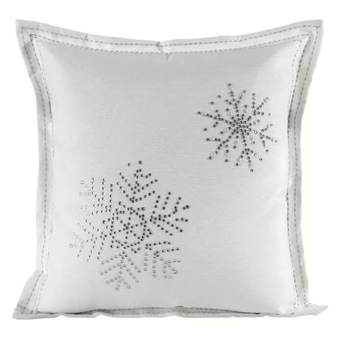 Poszewka na poduszkę 45x45 cm biało srebrna zdobiona błyszczącym wzorem i wypustką na brzegach