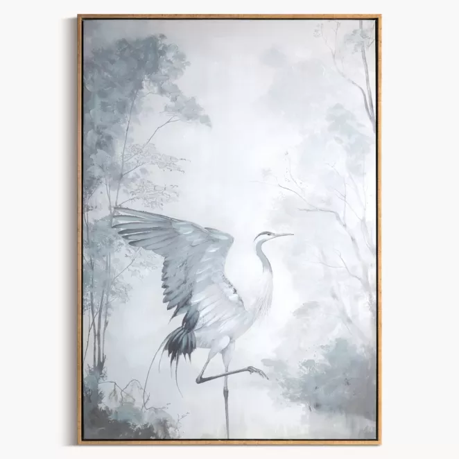 Obraz kremowo, jasnopopielaty ręcznie malowany na płótnie ptak 60x90 cm