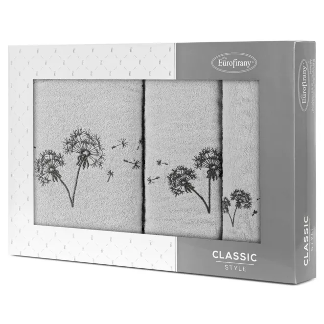 Zestaw ręczników bawełnianych na prezent 3 szt kolor srebrny , stalowy z haftem kwiatów 400 g/m2 MOLI