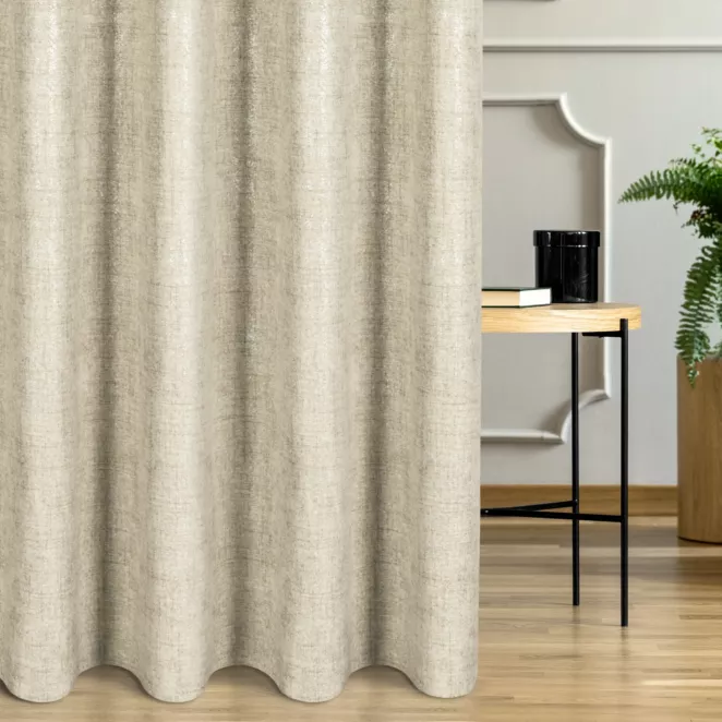 Zasłona szyta na taśmie 5 cm beżowo srebrna tkanina o naturalnym splocie z delikatnym połyskiem