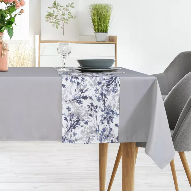 Komplet obrus z bieżnikiem jasnoszaro, biały 140x260 cm ANITA 3 zdobiony subtelnym wzorem roślinnym