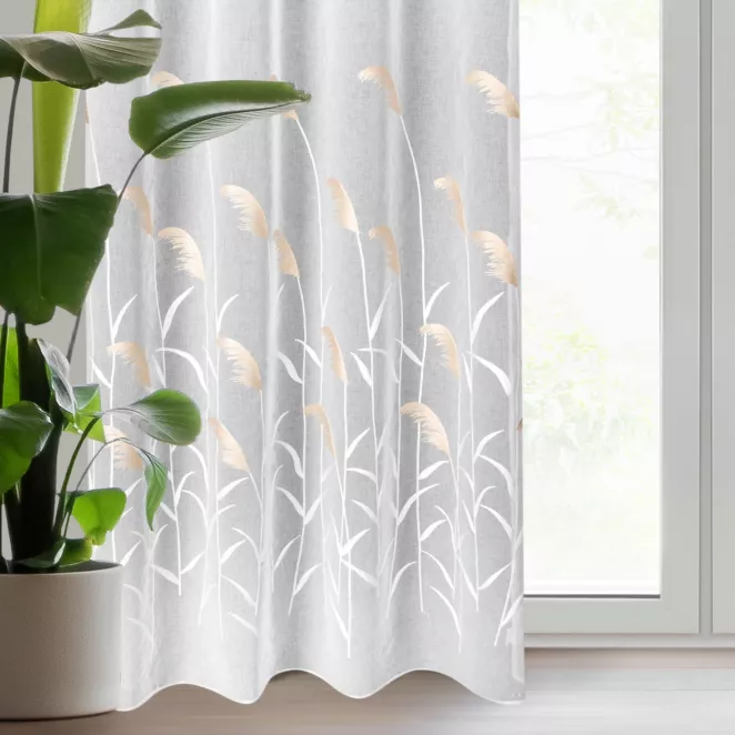 Firana kremowo, beżowa zdobiona haftem trawy pampasowej 140x250 cm ABBIE