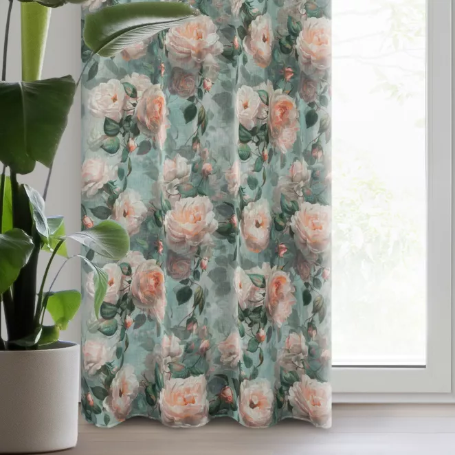Zasłona miętowa w różowe róże z efektem akwareli z etaminy 140x250 cm przelotka INKA