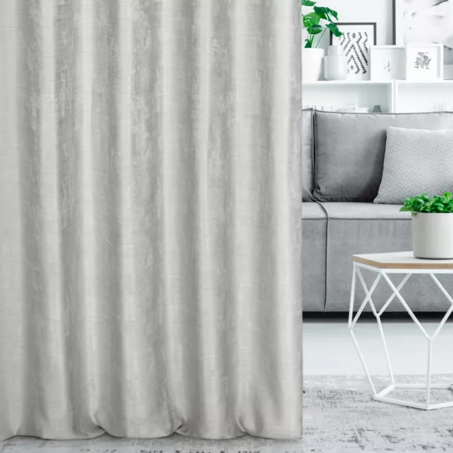 Zasłona szyta na flexach srebrna z miękkiej matowej tkaniny o nieregularnym wzorze z efektem melanżu