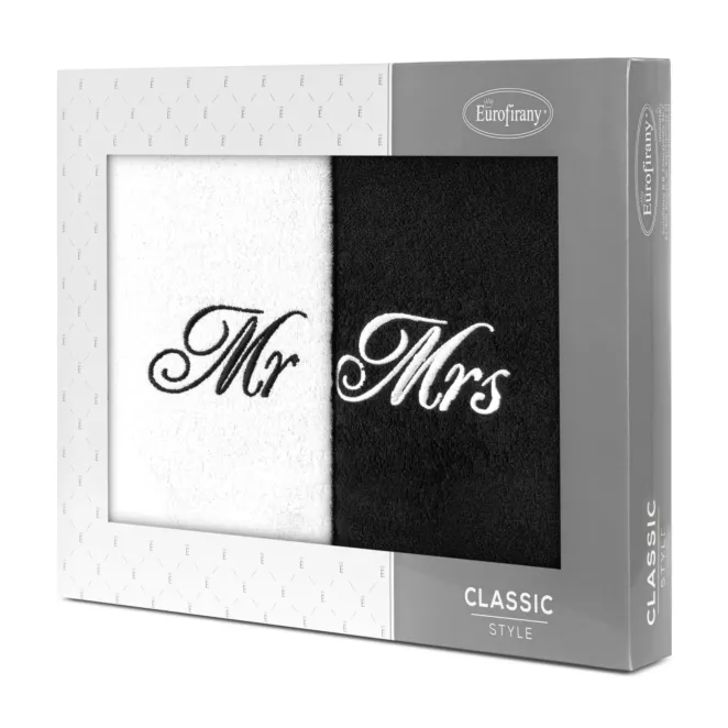 Zestaw ręczników bawełnianych na prezent 2 szt 50x90 cm z haftem MR&MRS kolor biały, czarny 400 g/m2