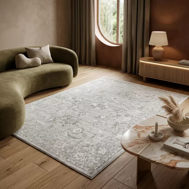 Dywan 60x100 cm popielato, kremowy  zdobiony roślinnym motywem ELBA3