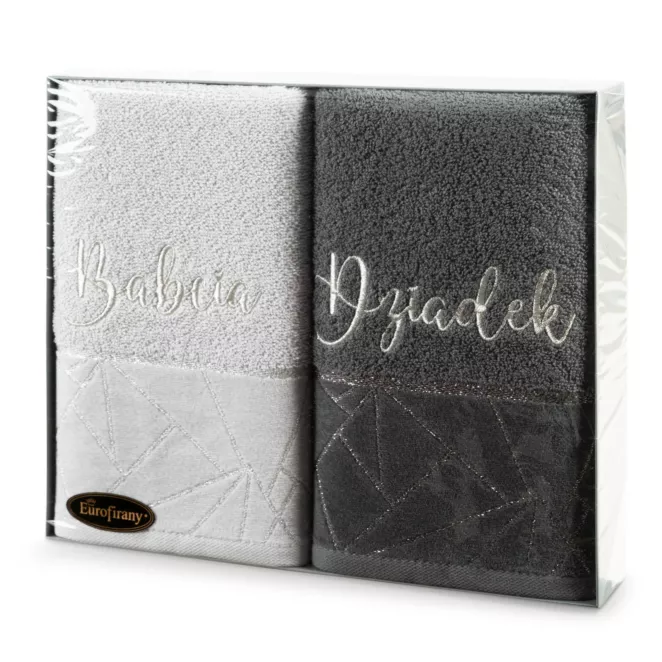 Zestaw ręczników bawełnianych  na prezent 2 szt. 50x90 cm kolor biało, stalowy z haftem BABCIA DZIADEK