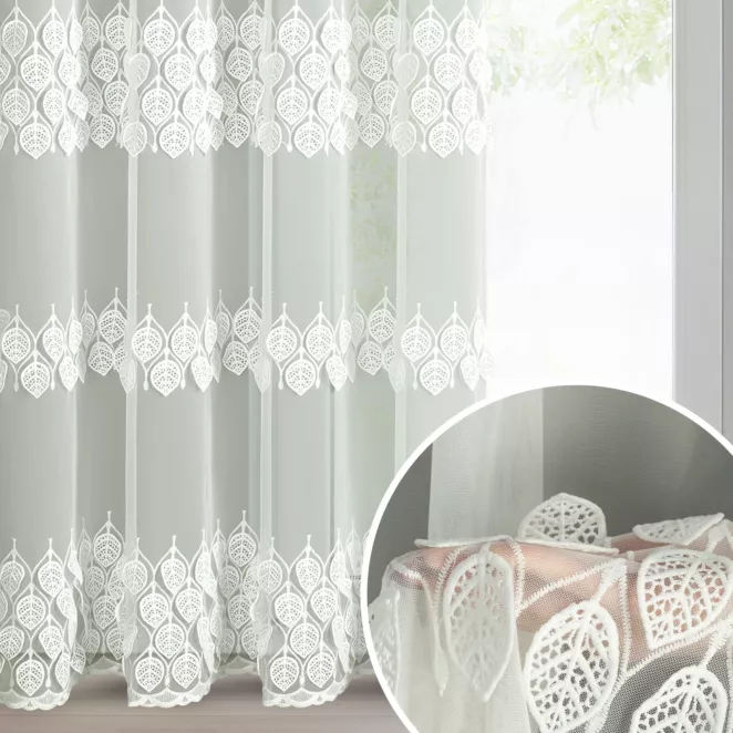 Firana kremowa z drobnej siateczki zdobiona ażurowym haftem 140x250 cm przelotka - NIRA