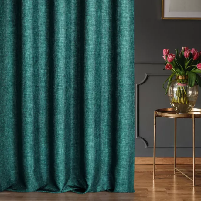 Zasłona szyta na taśmie 5 cm turkusowa z tkaniny zaciemniającej typu dimout o naturalnym splocie, z efektem melanżu