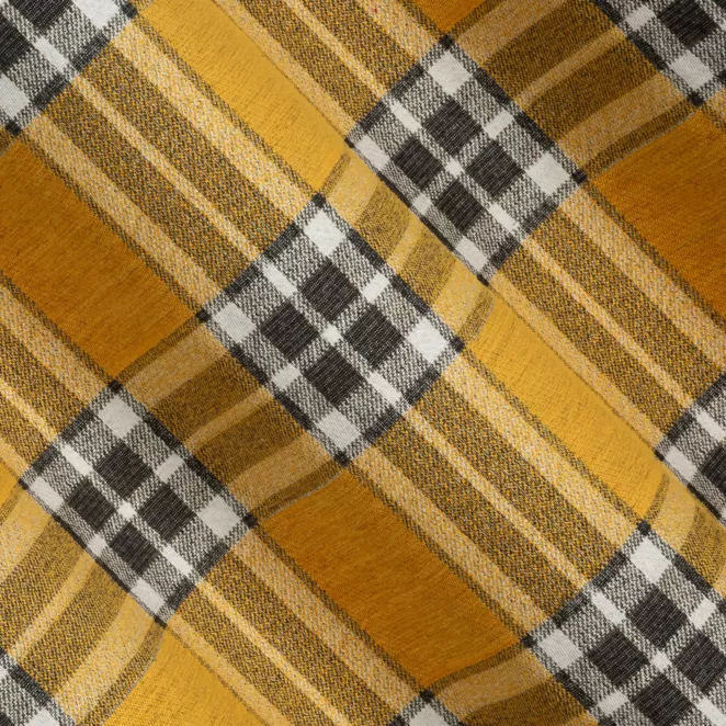 R187/5 Zasłona szyta na taśmie 5 cm musztardowo naturalna z grubej, szenilowej tkaniny w elegancką kratę