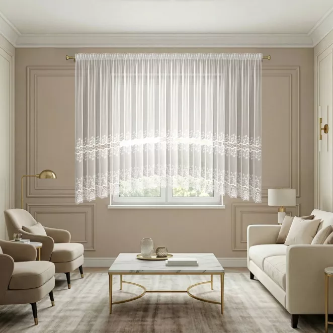 Firana typu łuk biała adenu 450x165 cm zdobiona gipiurą taśma - JOYCE