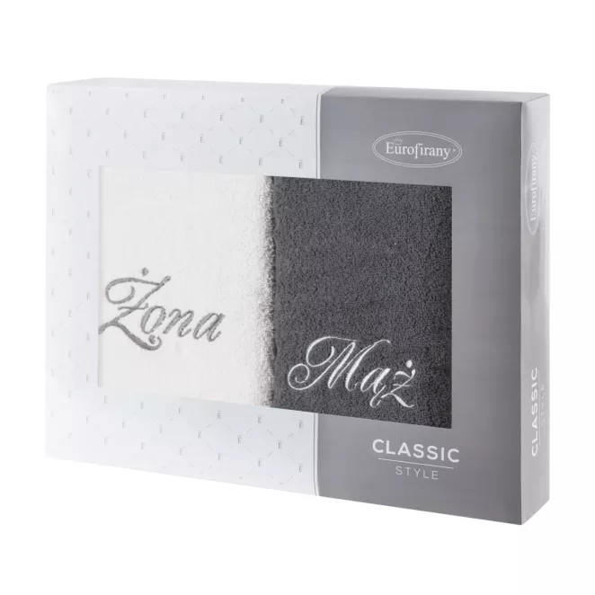 Zestaw ręczników bawełnianych na prezent 2 szt 50x90 cm z haftem Żona i Mąż kolor srebrny,stalowy 400 g/m2