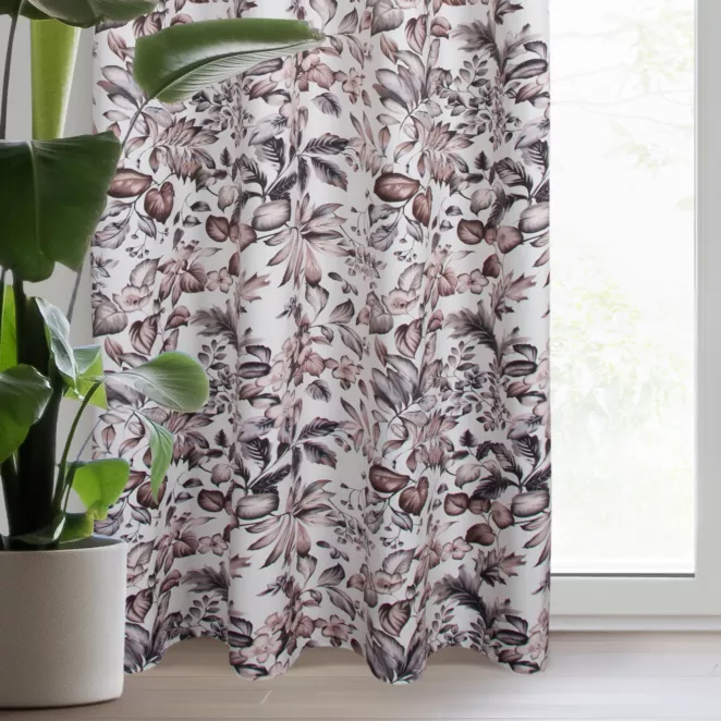 Zasłona biało, brązowa z welwetu z motywem malowanych liści i kwiatów 140x250 cm przelotka - HANA