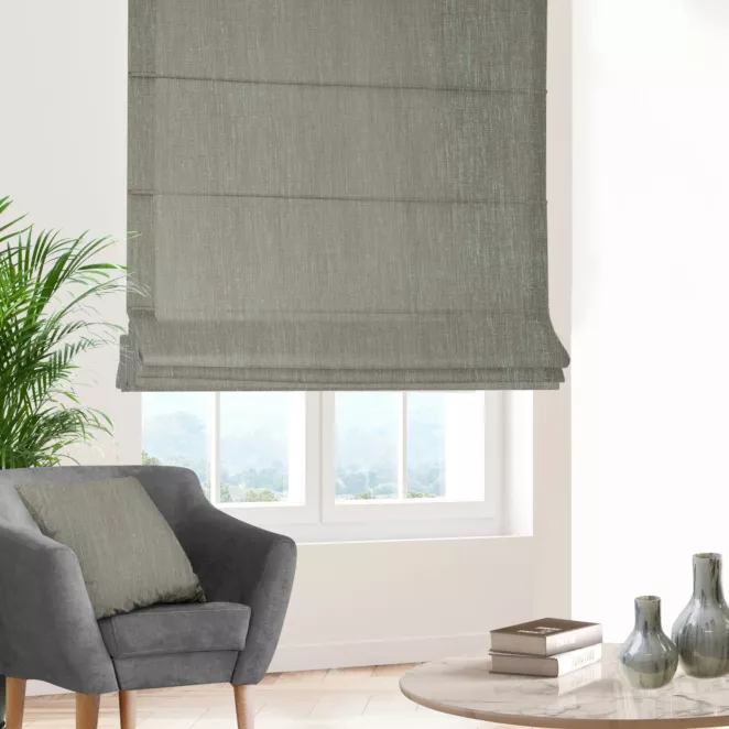 Roleta rzymska miętowa z tkaniny melanżowej przetykanej błyszczącą nicią