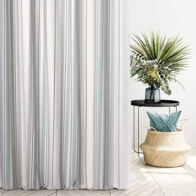 Zasłona szyta na taśmie 5 cm naturalno turkusowa z tkaniny w pasy