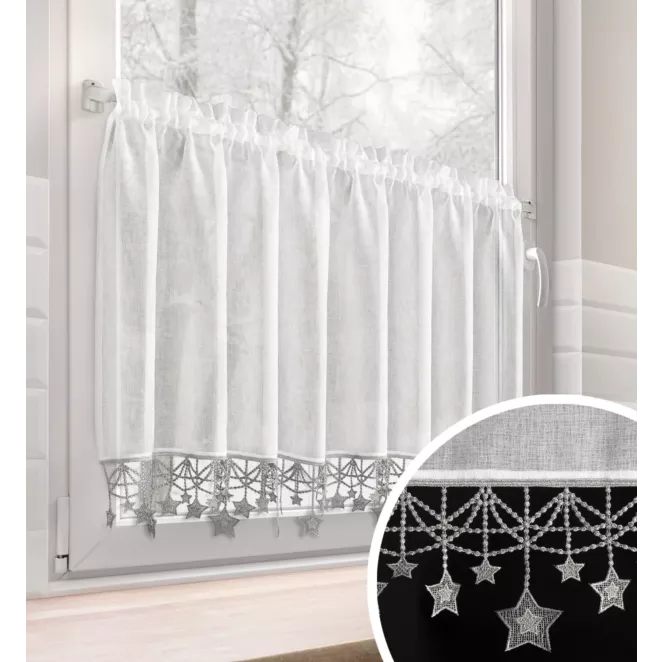 Zazdrostka biało, srebrna z etaminy zdobiona świątecznymi gwiazdkami 150x60 cm tunel - XMAS