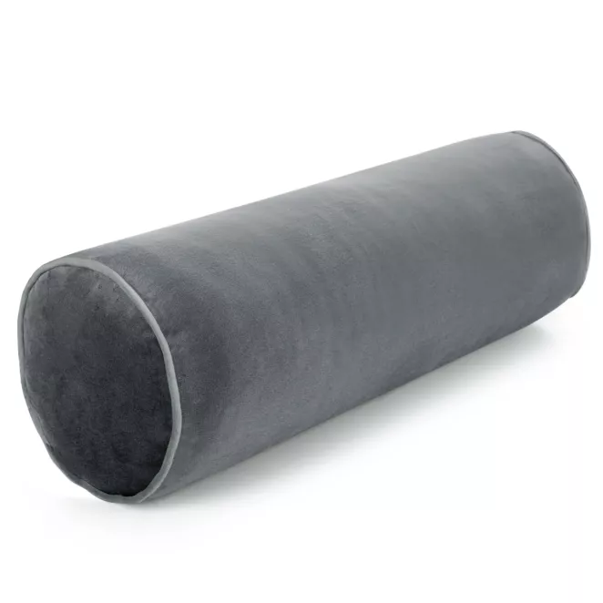 Poduszka dekoracyjna wałek 15 x 45 cm welwetowa grafitowa zdobiony kontrastującą lamówką GAJA