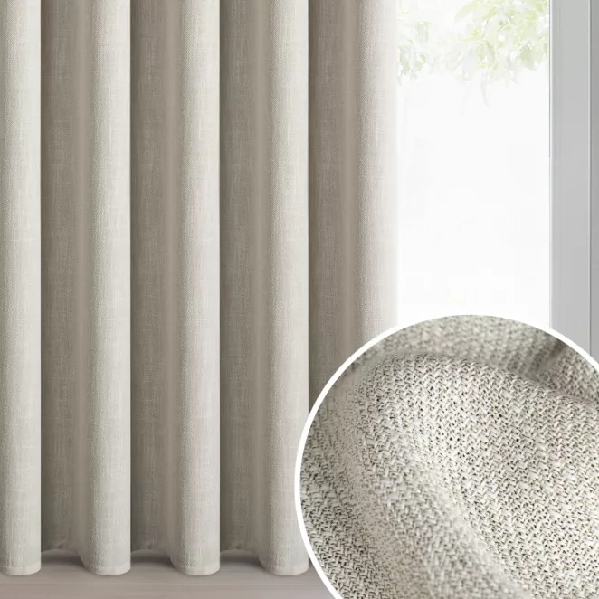 Zasłona ciemnobeżowa o naturalnym melanżowym splocie 140x270 cm taśma - LEYA