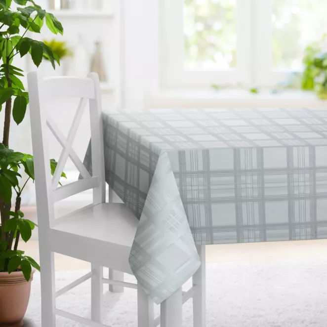 Obrus szyty kremowo srebrny dwustronna, z wzorem w kratę