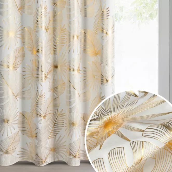 Zasłona kremowo, złota zdobiona błyszczącym motywem egzotycznych liści 140x250 cm złote przelotki - ZARIA