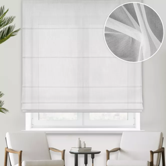 Roleta rzymska biała z matowej tkaniny Aden, wykończona obciążnikiem