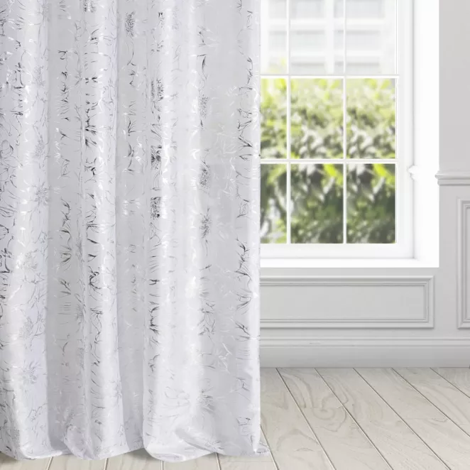 Firana biało, srebrzysta z etaminy z nadrukiem kwiatów 140x250 cm przelotka FEZA