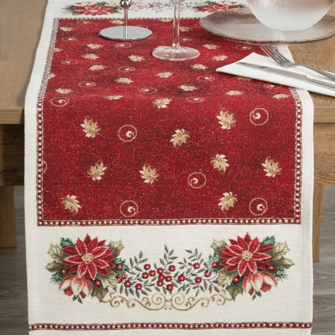 Bieżnik na stół czerwono, beżowy 45x140 cm gobelinowy zdobiony wzorem świątecznym