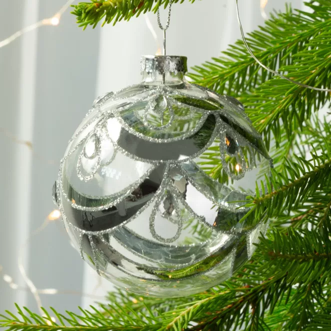 Bombka szklana  zdobiona brokatowym wzorem art deco i kryształami