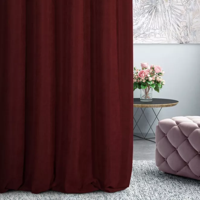 Zasłona szyta na taśmie 5 cm DORA - HIT bordowa z miękkiej tkaniny o welurowej strukturze