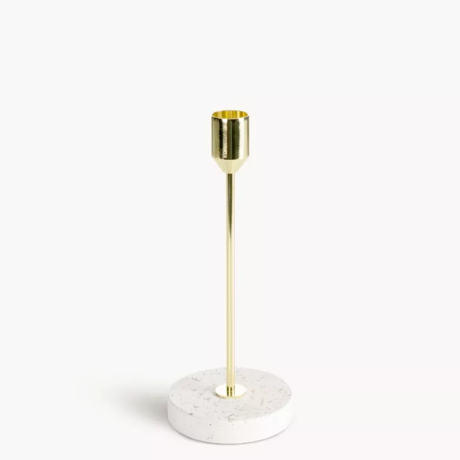 Świecznik dekoracyjny złoto, kremowy o smukłym uchwycie i kamiennej podstawie średnica 8x18 cm KORI