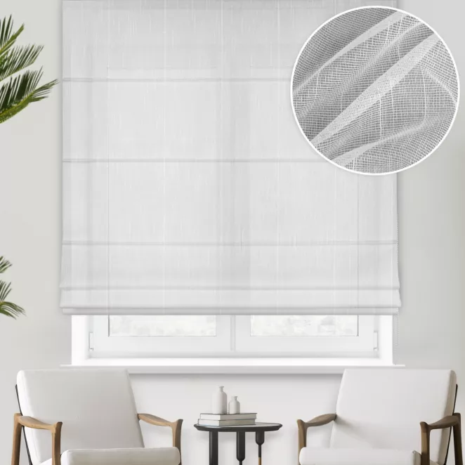 Roleta rzymska biało srebrna matowa siateczka o naturalnym splocie z delikatnymi cekinami, wykończona obciążnikiem