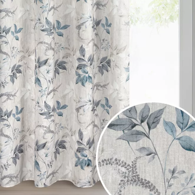 Zasłona naturalno, niebieska o naturalnym splocie zdobiona motywem roślinnym 140x250 cm przelotka - NICOLA