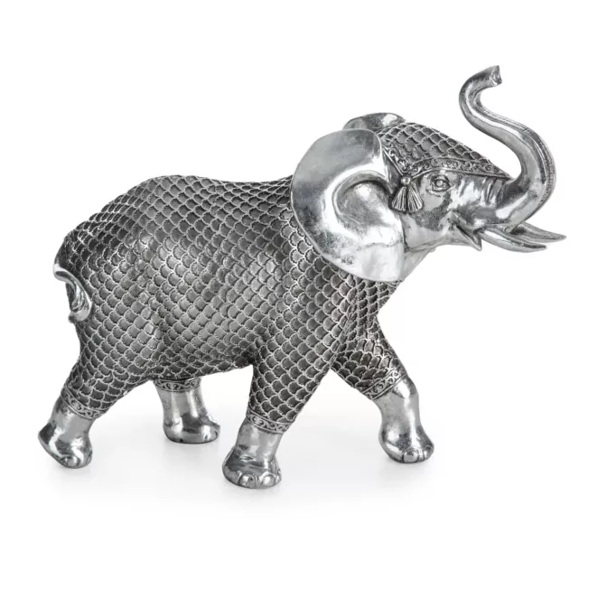 Figurka ceramiczna stalowo-srebrna słoń o drobnym wytłaczanym wzorze kratki 13x30x25 cm EVAN