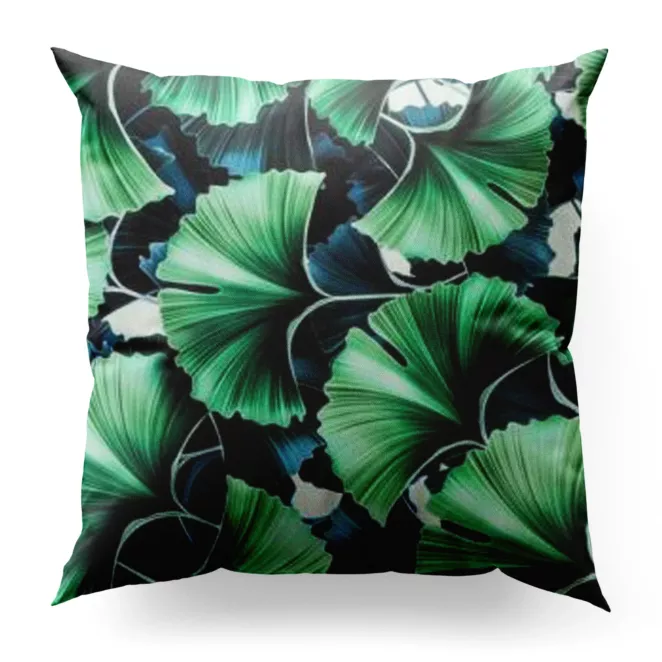 Poszewka szyta zielono granatowa z miękkiej tkaniny typu blackout drukowanej w egzotyczne liście