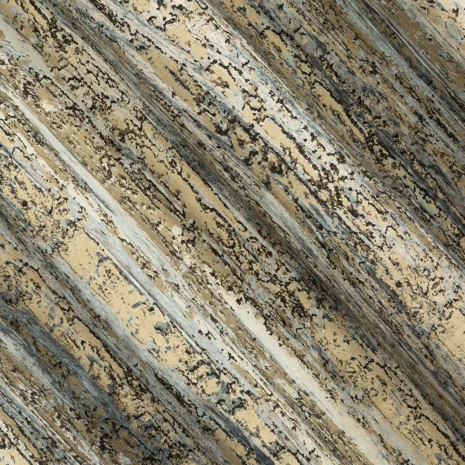 E27/5 Zasłona szyta na taśmie 5 cm złoto niebieska z tkaniny welwetowej w pionowe pasy, zdobiona warstwą złotawego nadruku