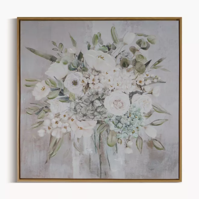 Obraz roślinny beżowo, biały ręcznie malowany na płótnie 60x60 cm