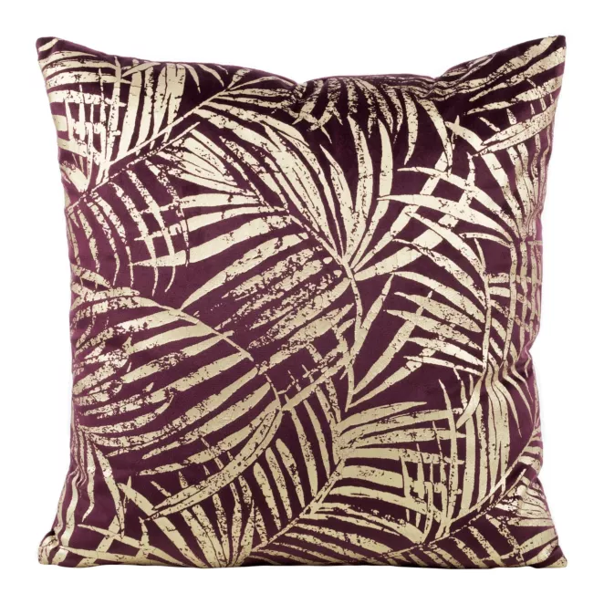Poszewka na poduszkę 45x45 cm welwetowa fioletowa ze złocistym nadrukiem liści BLINK 26